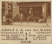 717294 Fotoadvertentie van Adolf J.A. van der Made, Motorrijwielen, Voorstraat 83 te Utrecht, met een foto van de zaak ...